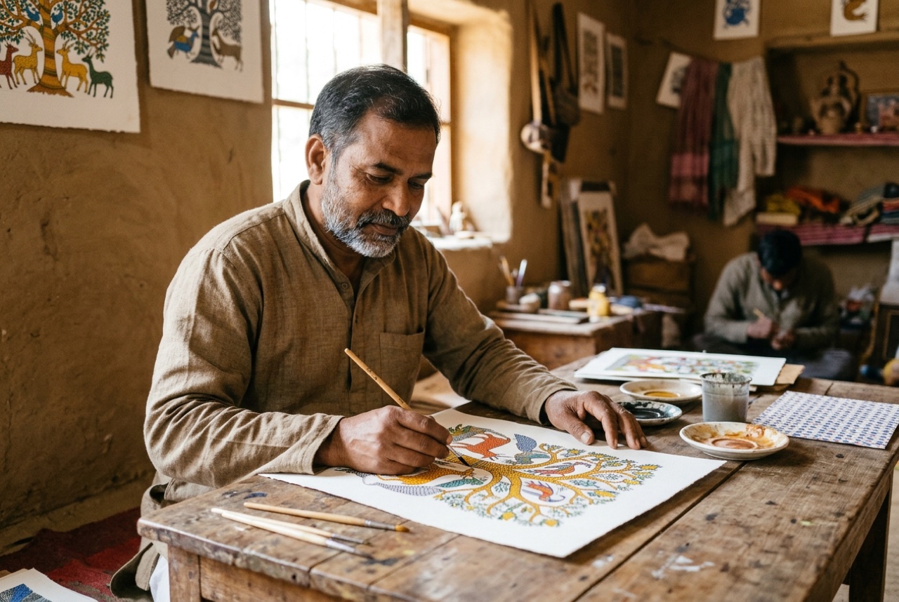 Pardhan Gond artist painting fine dot-and-scale forest motifs on paper