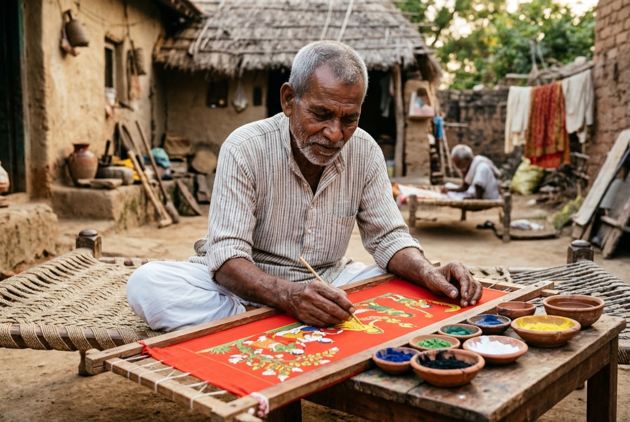 Telangana Nakashi scroll painter working on a crimson-ground Cheriyal khadi scroll