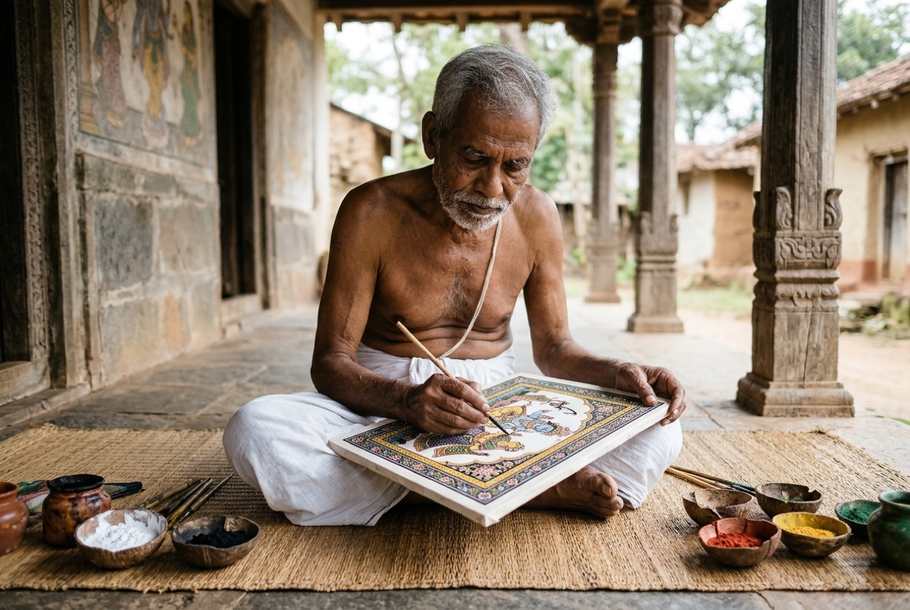 Odia Chitrakar elder outlining classical Pattachitra panels on treated patta canvas