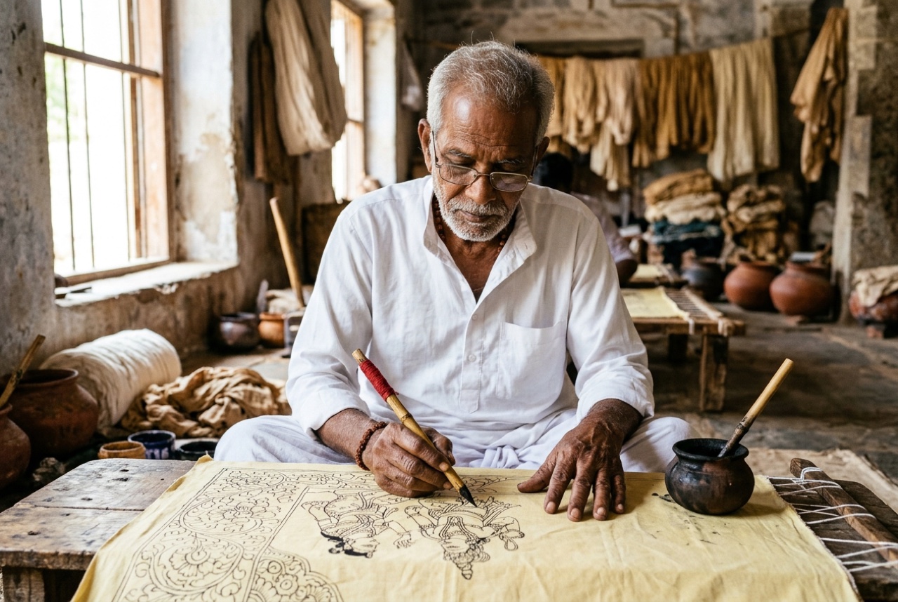 Srikalahasti Kalamkari artisan drawing epic figures with a wool-reservoir bamboo kalam pen