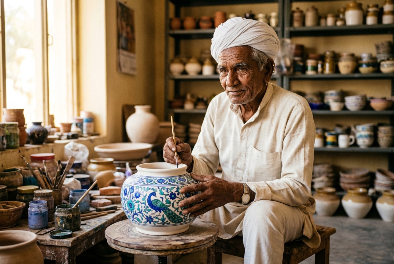 Jaipur ceramicist painting cobalt and turquoise botanical motifs on a quartz-paste jar