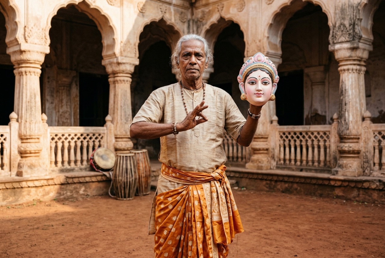 Seraikela Chhau guru holding a sculpted pastel Chhau mask in an akhada courtyard
