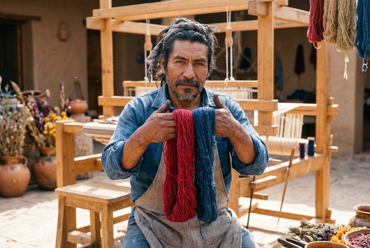 Zapotec weaver and natural dyer lifting cochineal- and indigo-dyed wool skeins in Oaxaca