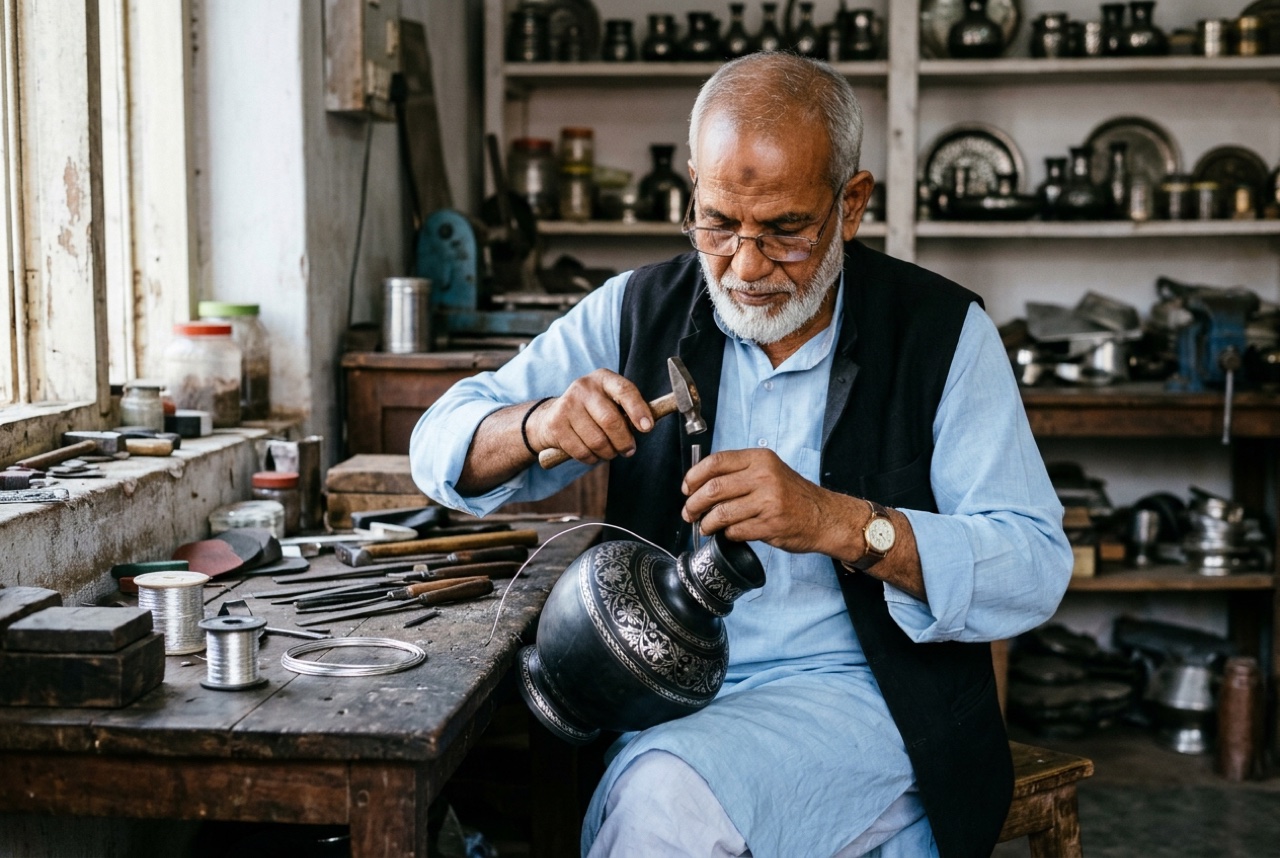 Bidar metalworker chiselling and inlaying pure silver wire into a blackened Bidriware vessel