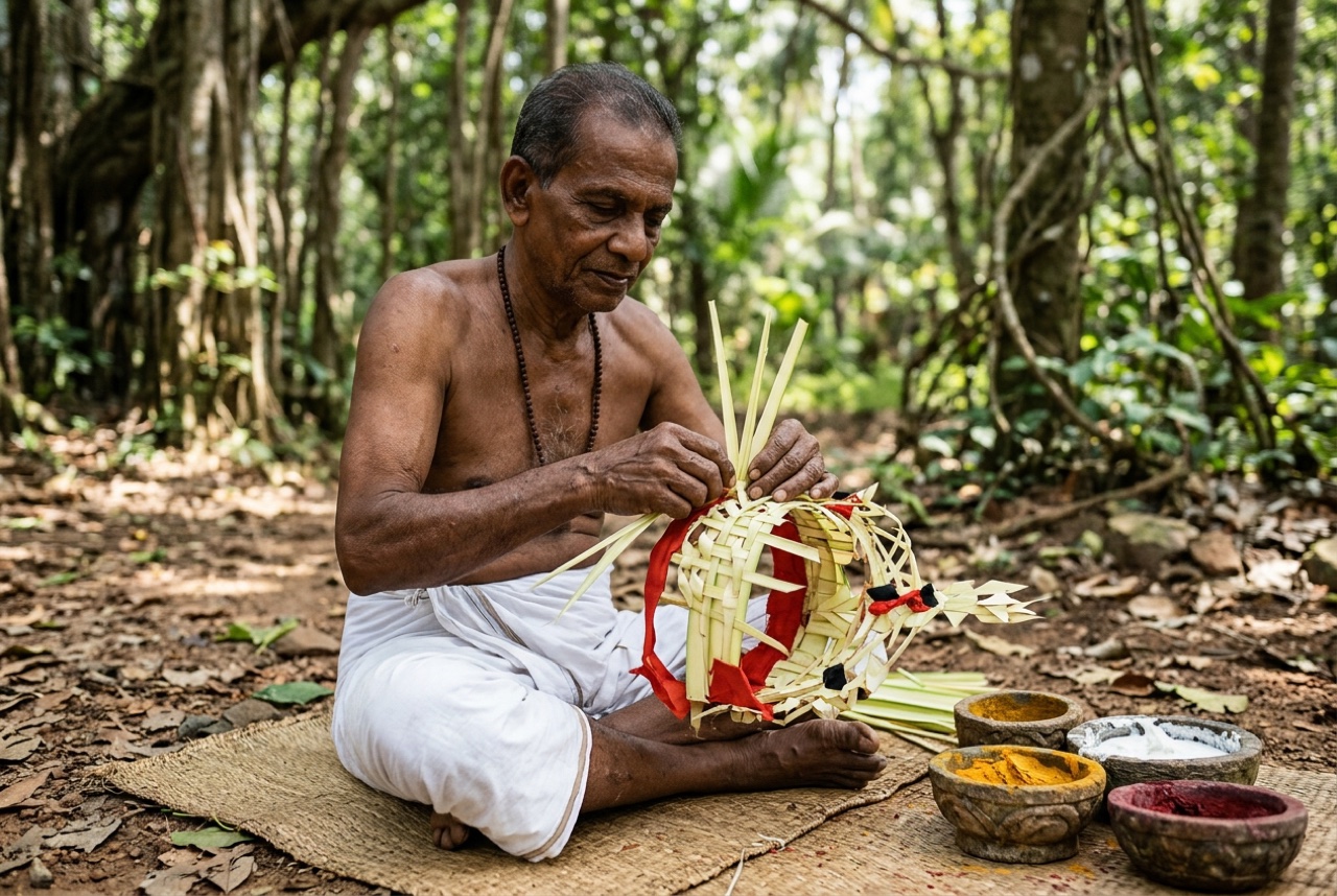 Malabar Theyyam custodian crafting a palm-frond and vermilion crown in Kannur