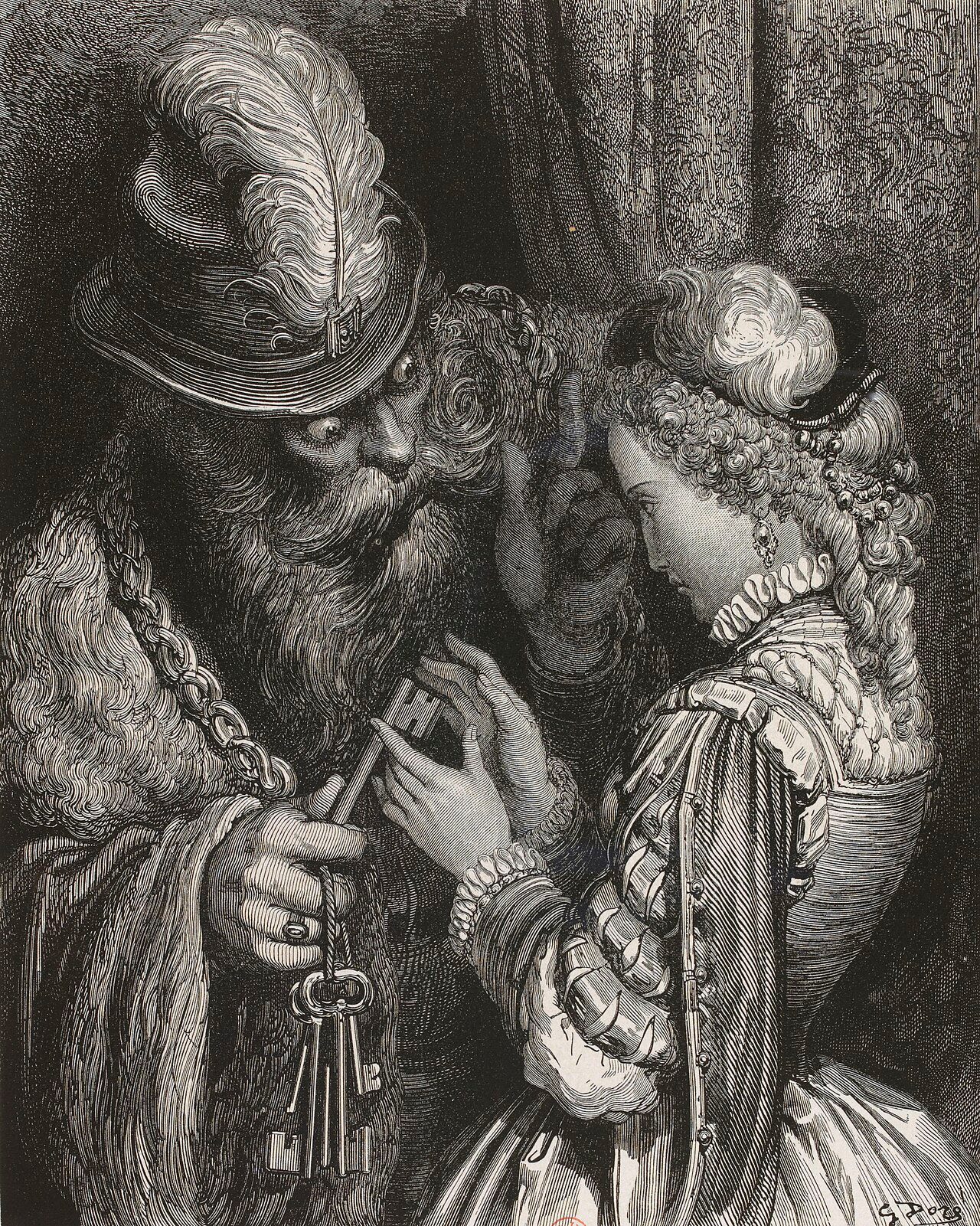 Woodcut 33 x 27 cm Barbe Bleue ( Bluebeard ), published for the first time in Les Contes de Perrault (Paris, Jules Hetzel, 1862) illustrated by Gustave Doré, board next to p. 56.