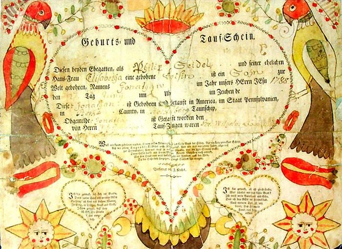 A Pennsylvania German fraktur Taufschein. From 1788.