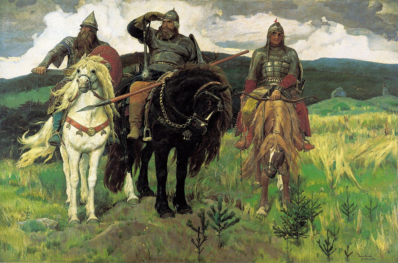 Bogatyrs (1898) by Viktor Vasnetsov. Bogatyrs (left to right): Dobrynya Nikitich, Ilya Muromets, Alyosha Popovich. Oil on canvas 321*222 Tretyakov Gallery