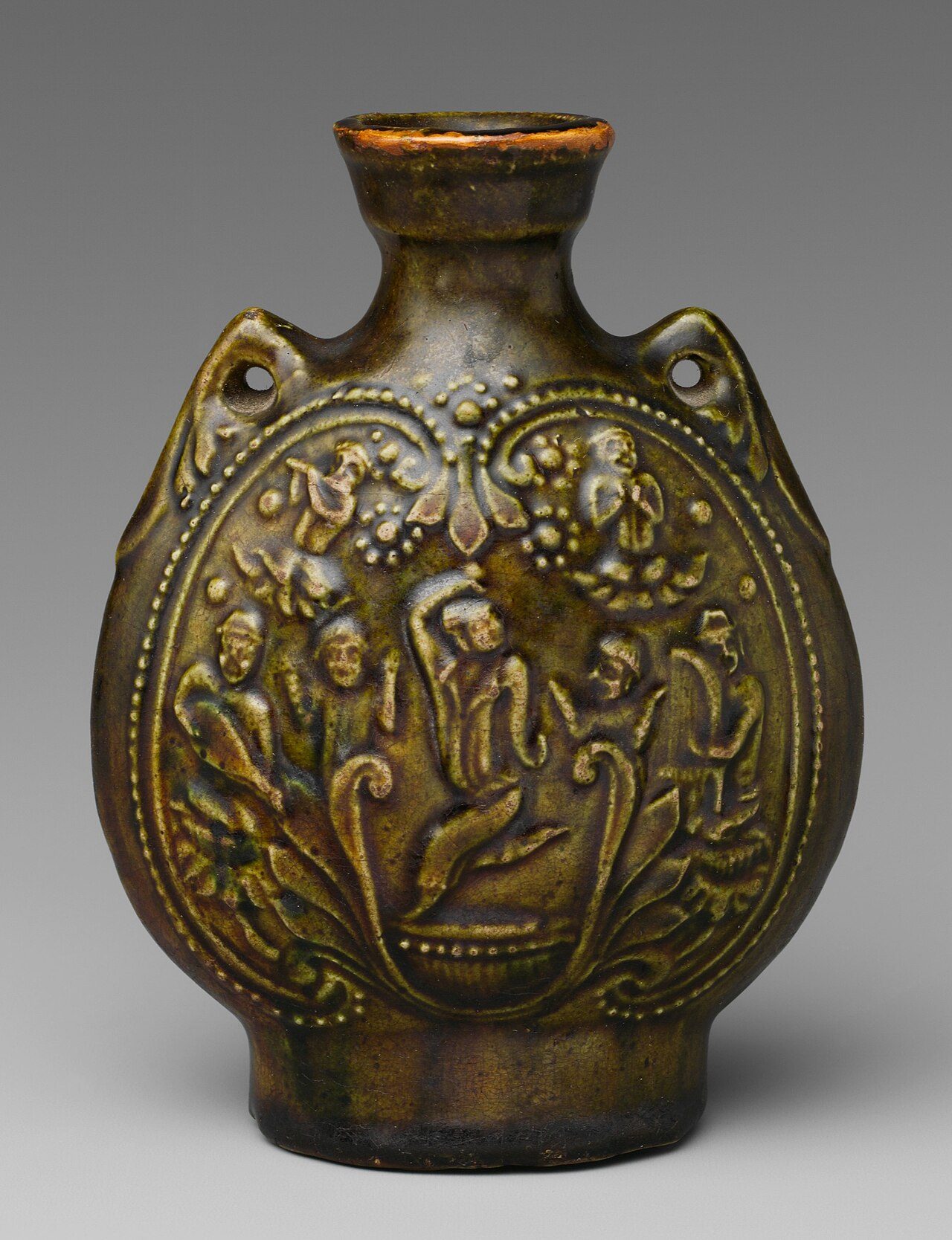 Pilgrim flask with Central Asian dancers, China, 6th century CE