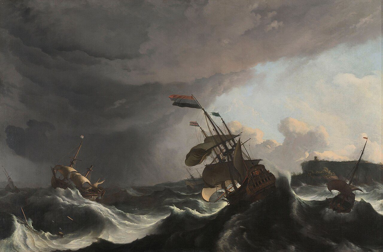 In early 1694 some 30 Dutch warships set sail for the Mediterranean. They were sent to protect a merchant fleet from French attacks. In the Straits of Gibraltar they ran into a heavy storm. Various ships sank or were seriously damaged, including the Hollandia, portrayed centre…