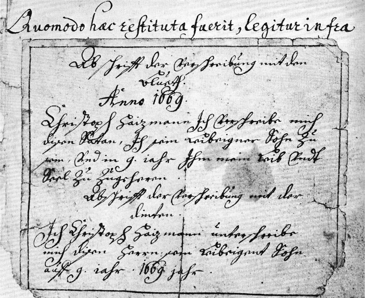 Abschrift des Teufelspakts (angeblich 1669) des Malers Christoph Haitzmann, Österreichische Nationalbibliothek Hs. 14086, aufgeklebt auf Bl. 7r