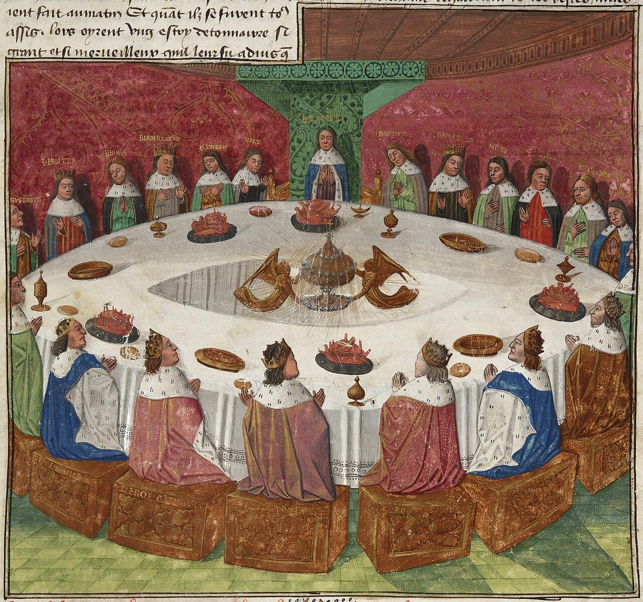 King Arthur 's knights, gathered at the Round Table to celebrate Pentecost , see a vision of the Holy Grail . The Grail appears as a veiled ciborium , made of gold and decorated with jewels, held by two angels. From BNF 112, a manuscript of the prose Lancelot attributed to…