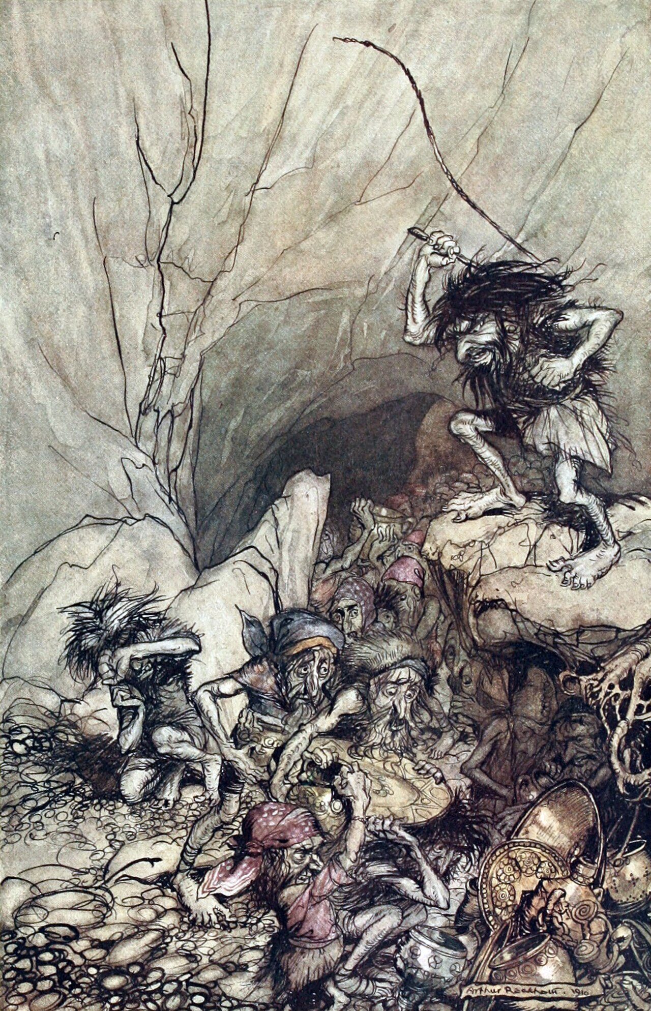 Alberich drives in a band of Niblungs laden with gold and silver treasure.