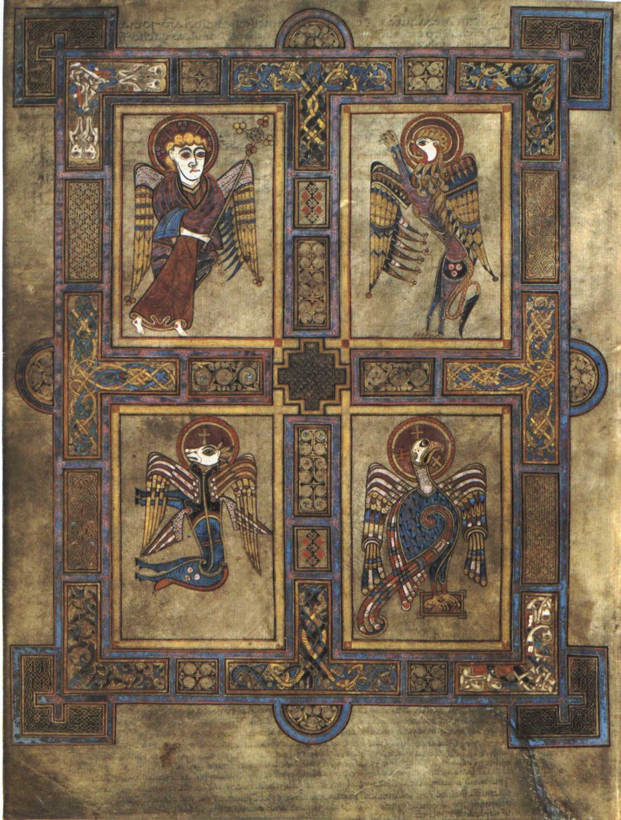 Image of Folio 27v, with the four evangelist symbols from the en:Book of Kells , a 1200 year old book. Scanned from: Meehan, Bernard; The Book of Kells': an illustrated introduction to the manuscript in Trinity College Dublin . London: Thames and Hudson, 1994. p. 8.