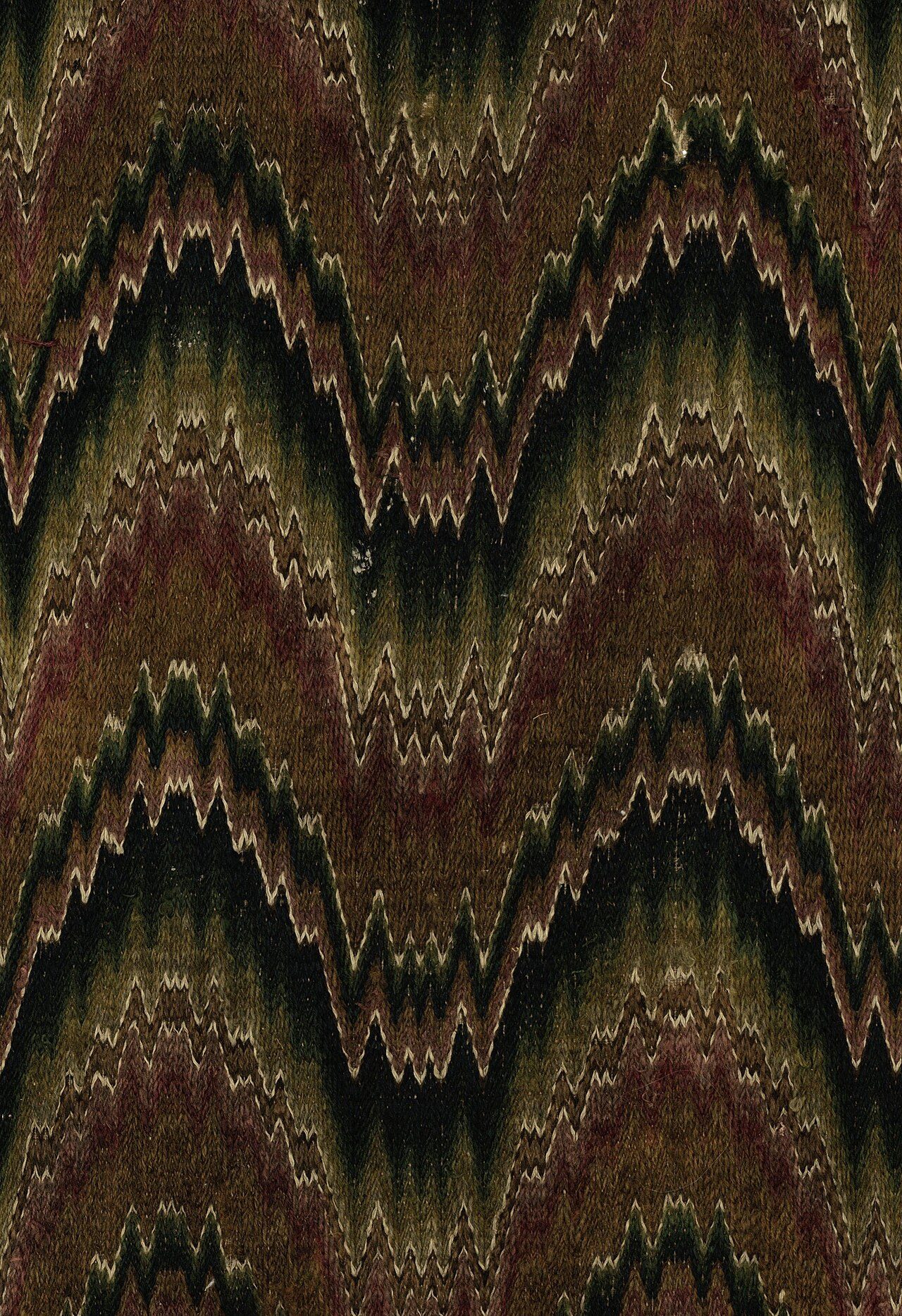 Wallhanging of Bargello embroidery worked with flame stitch or Hungarian stitch in wool on a linen canvas ground (detail).