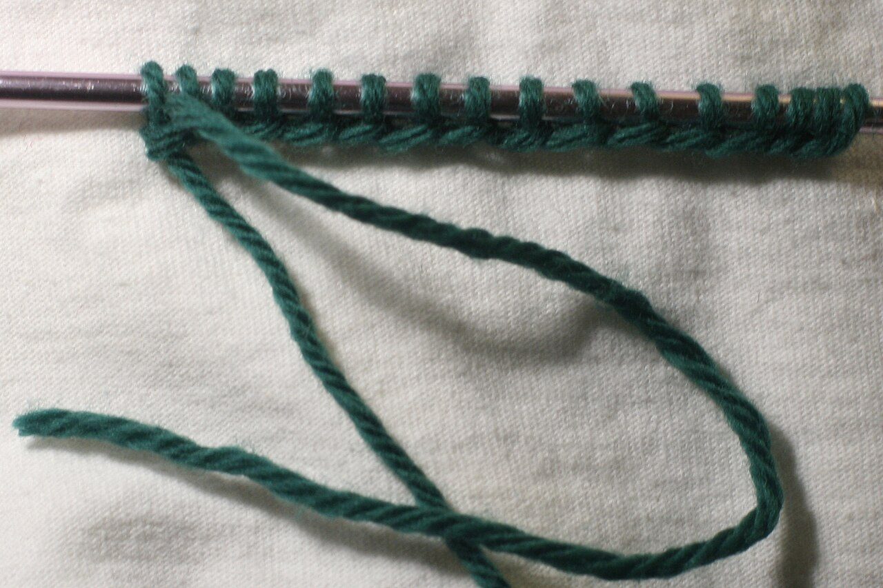 A long-tail cast-on used to begin a knitted item
