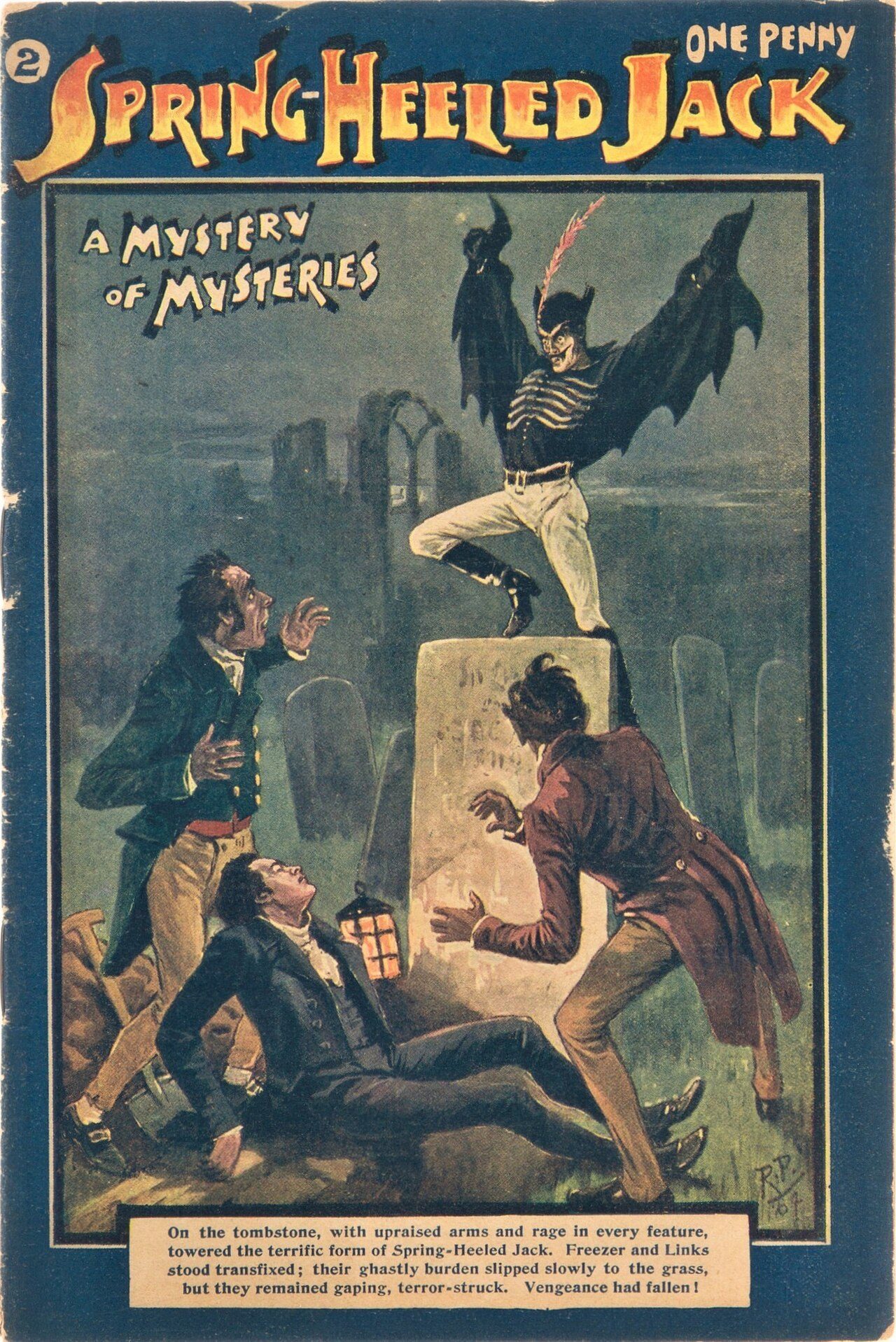 Spring Heeled Jack as depicted in the English penny dreadful Spring-Heeled Jack #2, Aldine Publishing, 1904.