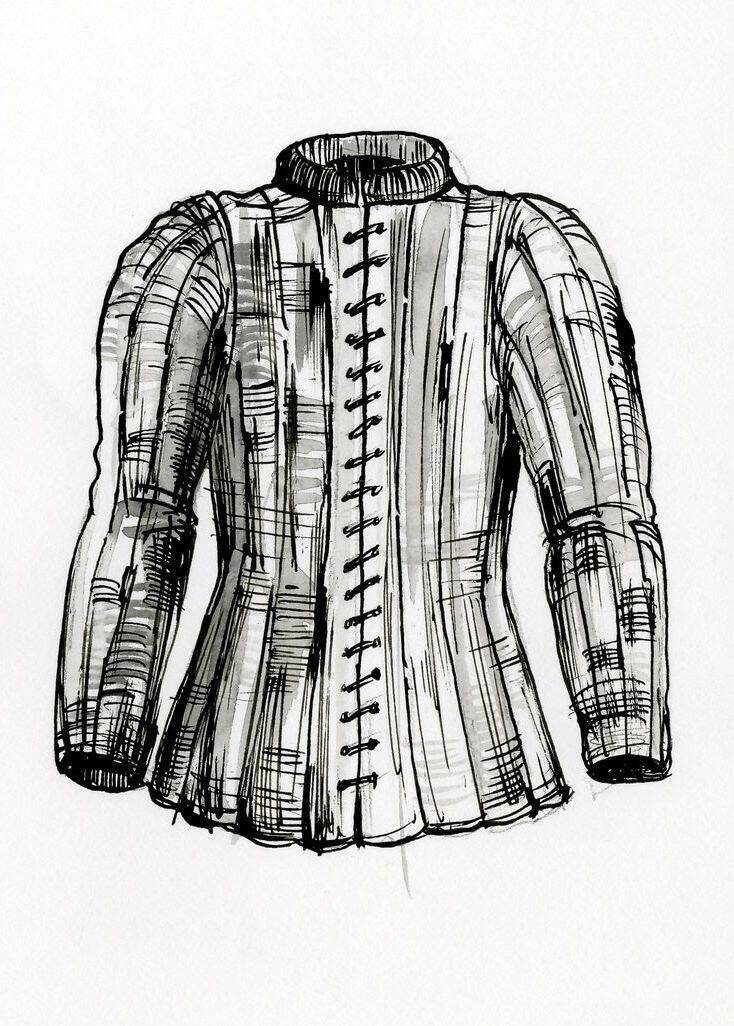 The description of the concept in this drawing is: Protective garments of cloth or leather, covering the trunk and thighs, usually stuffed or quilted. Commonly used from the 12th to the 14th century in Europe, worn either over or under metal armor or as an independent defense.…