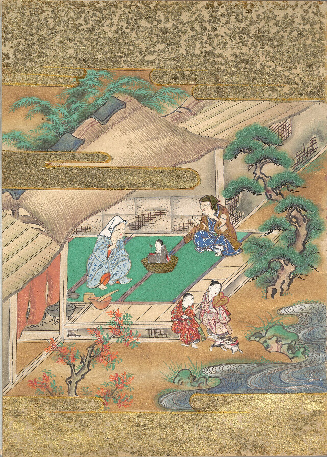 Hand painted page from a book set depicting The Tale of the Bamboo Cutter . Reproduction, measures 9 1/8 x 6 9/16 in. (23.2 x 16.7 cm).