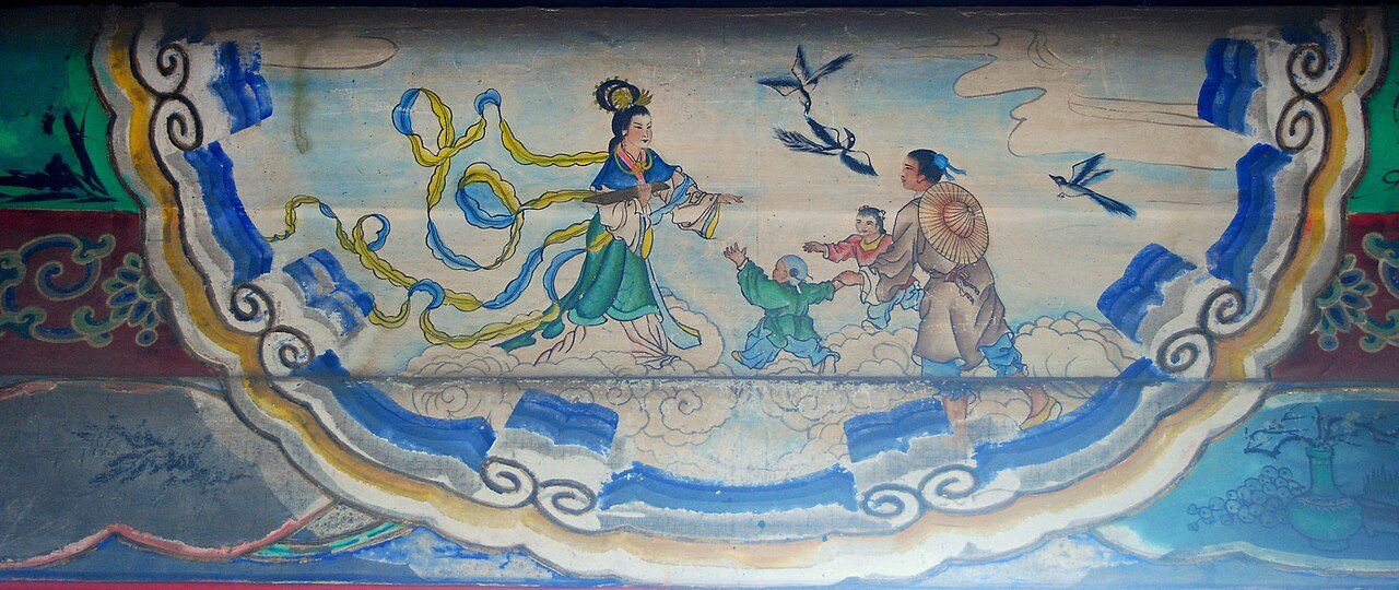 The reunion of the couple of The Weaver Girl and the Cowherd on the bridge of magpies. Artwork in the Long Corridor of the Summer Palace in Beijing.