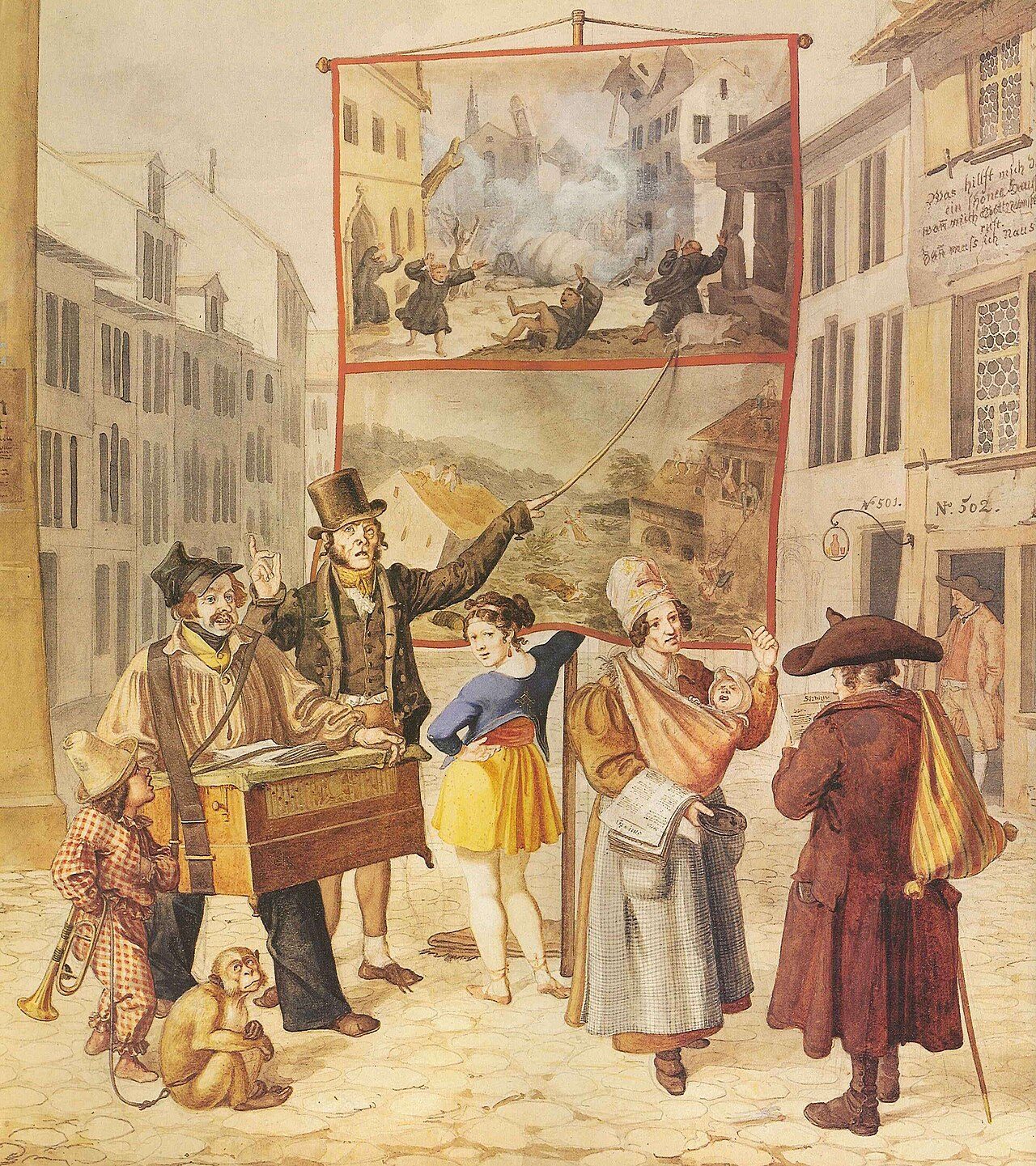 Bänkelsänger in Basel, vor dem «Wirtshaus zur Henne» am Nadelberg. Die besungenen Bilder zeigen das Erdbeben von Basel 1356 und die Überschwemmungen in Hölstein 1830.