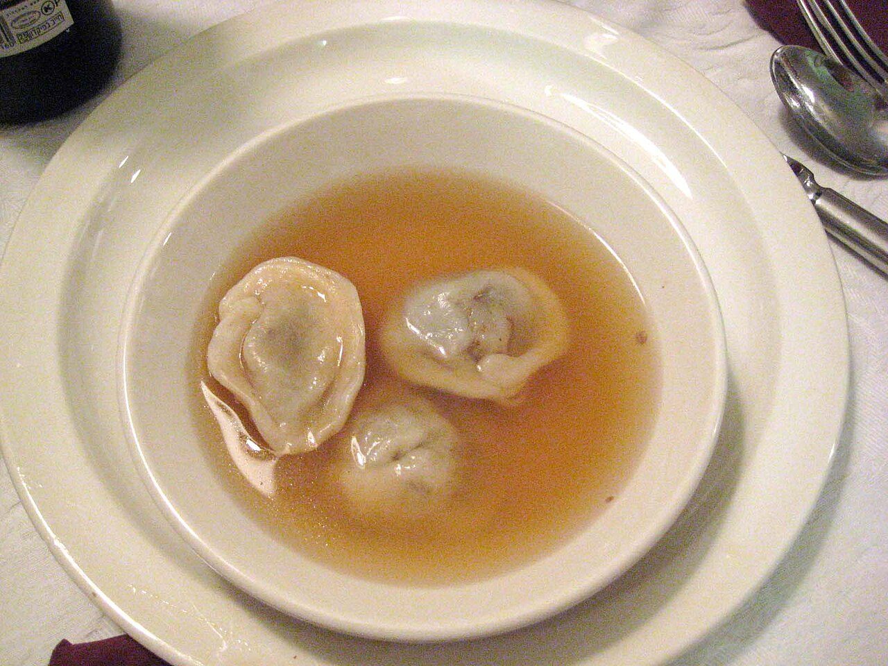 Meat-filled kreplach in clear chicken soup for Rosh Ha'Shana