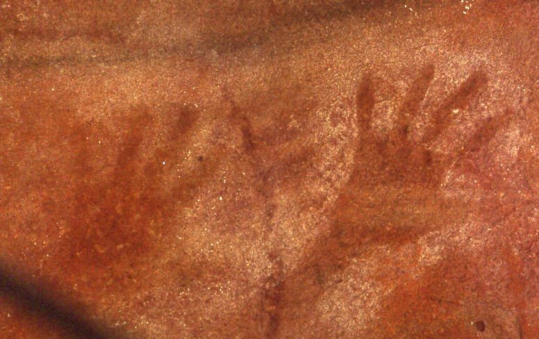 Aboriginal hand stencils in Red Hands Cave, Blue Mountains NP, near Glenbrook, NSW, Australia (Kodachrome slide scanned at 6400)