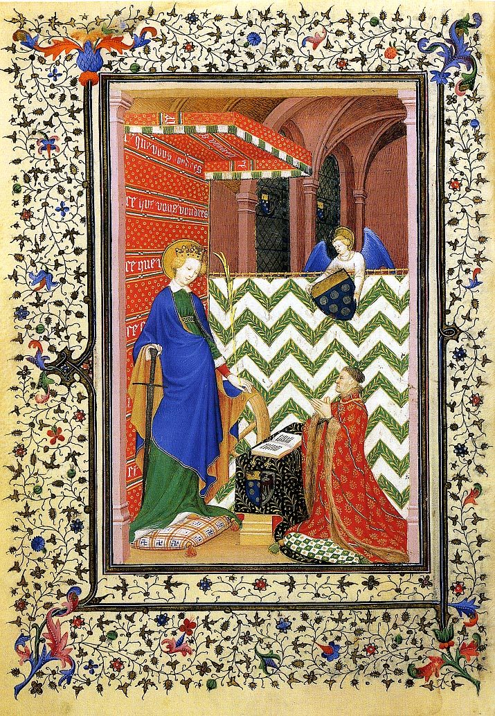 Heures du Maréchal de Boucicaut (Stundenbuch) f. 36v, Szene: Der Marschall von Boucicaut, der die Hl. Katharina anbetet