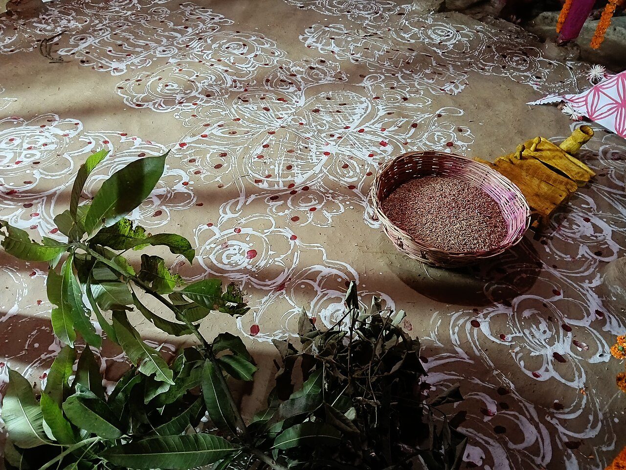 Drawing of Aripan on a marwa of Maithil Brahmin Upanayan ceremony. Photo captured by Santosh Chaudhary.
