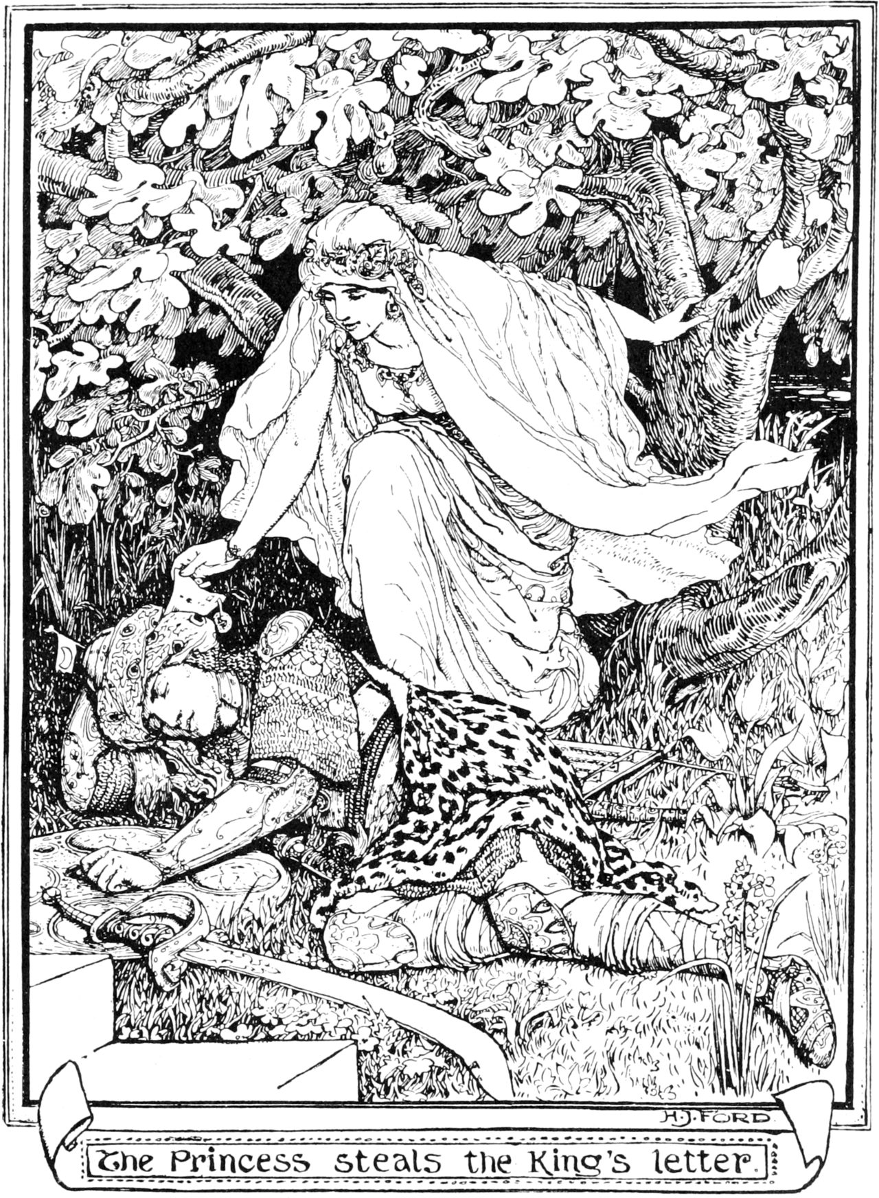 Illustration to a tale in a gift book. Derived from raw scan zip at source. Crop, without caption, slight color level adjust, conversion to jpg (color) or png (B&W).