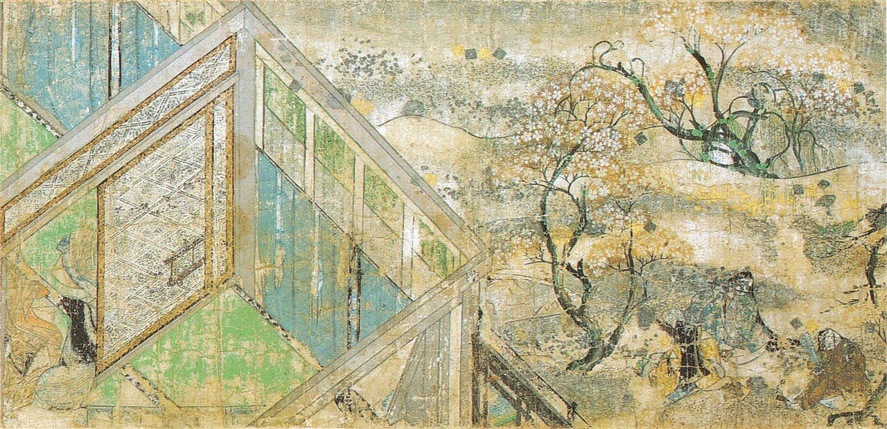 A scene of handscroll of NEZAME MONOGATARI, Height 25.8cm, color, gold, silver on paper, late 12th century, Japan, YAMATO-NUNKAKAN museum collection, Nara, Japan