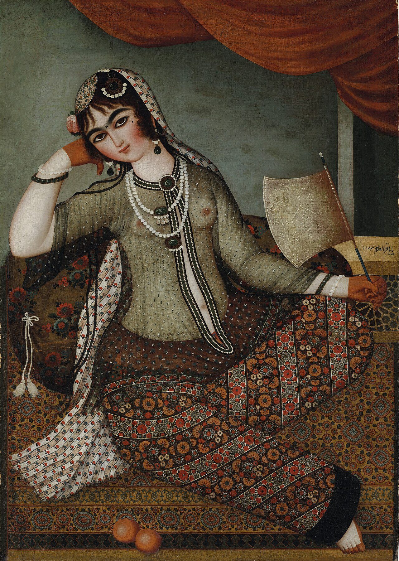 "A Reclining Beauty", made by Mohammad Baqer in Zand Iran, dated circa 1759/60 Oil on canvas, signed and dated centre right Painting 46 x 32 1/4in. (117 x 82cm.); frame 50 x 35 3/4in. (127 x 91cm.)