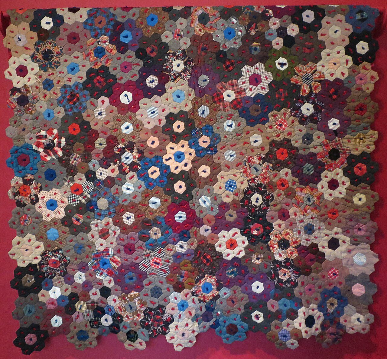 Quilt by Kelsay Buck (1839 - 1901), New Jersey, 1870 - 1880, cotton, silk, wool, various weaves, hand pieced, embroidery and paper, Honolulu Museum of Art, accession 2528