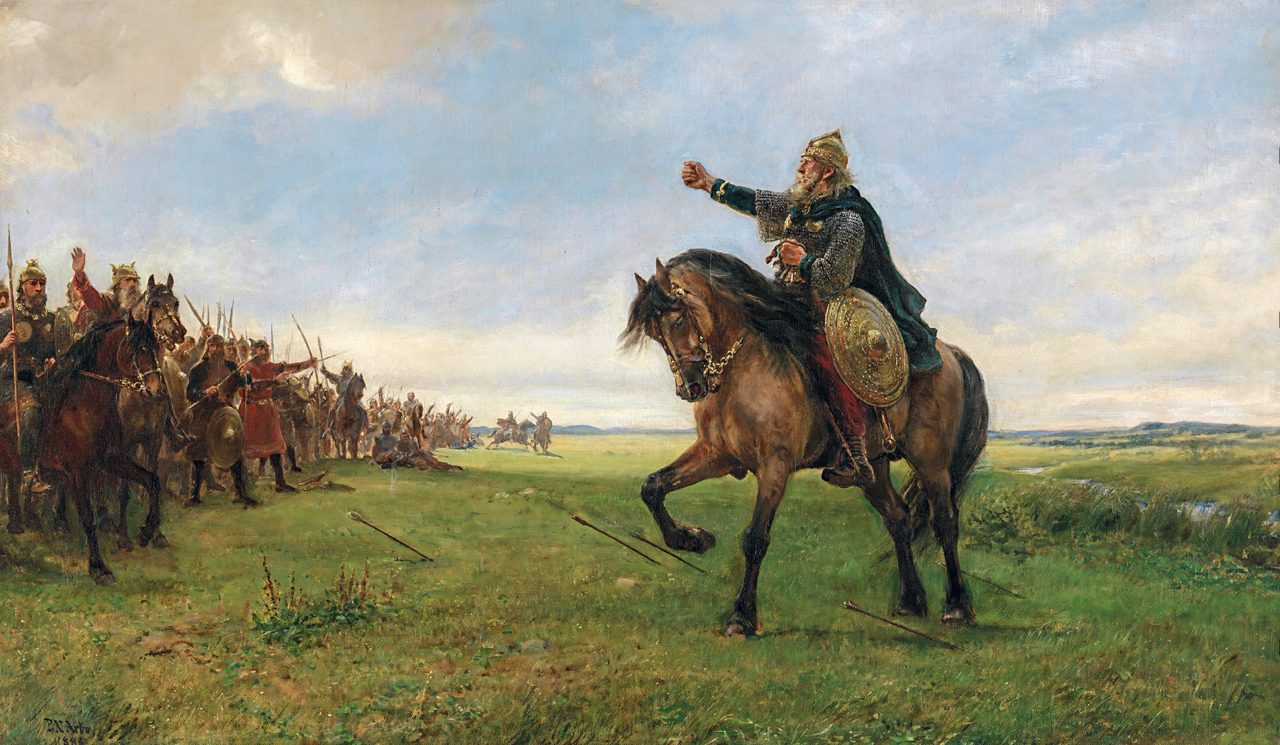 Gizur challenging the Huns according to the Hlöðskviða (Hunnenschlachtlied). Painting by Peter Nicolai Arbo 1886.