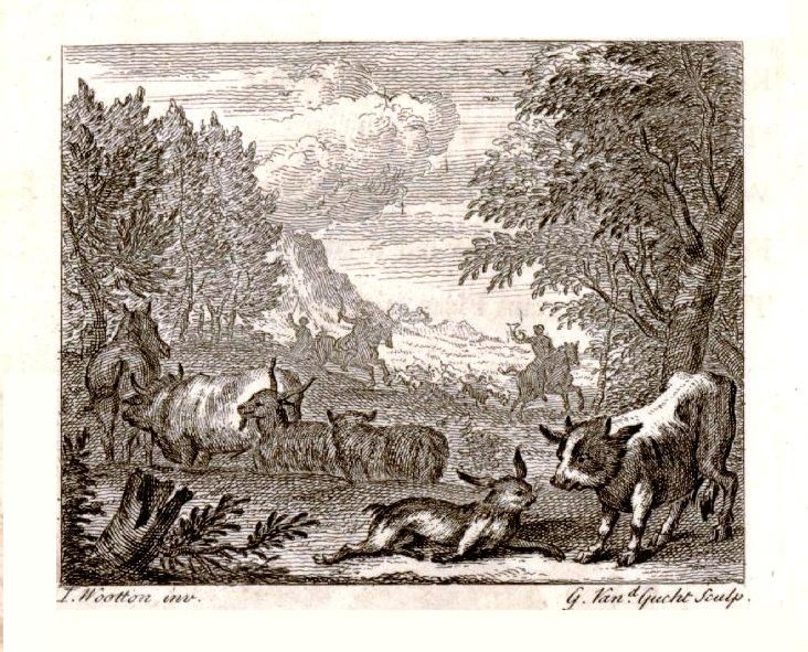 John Wootton's illustration of "The hare and many friends" from the original edition of John Gay's fables in the British Museum