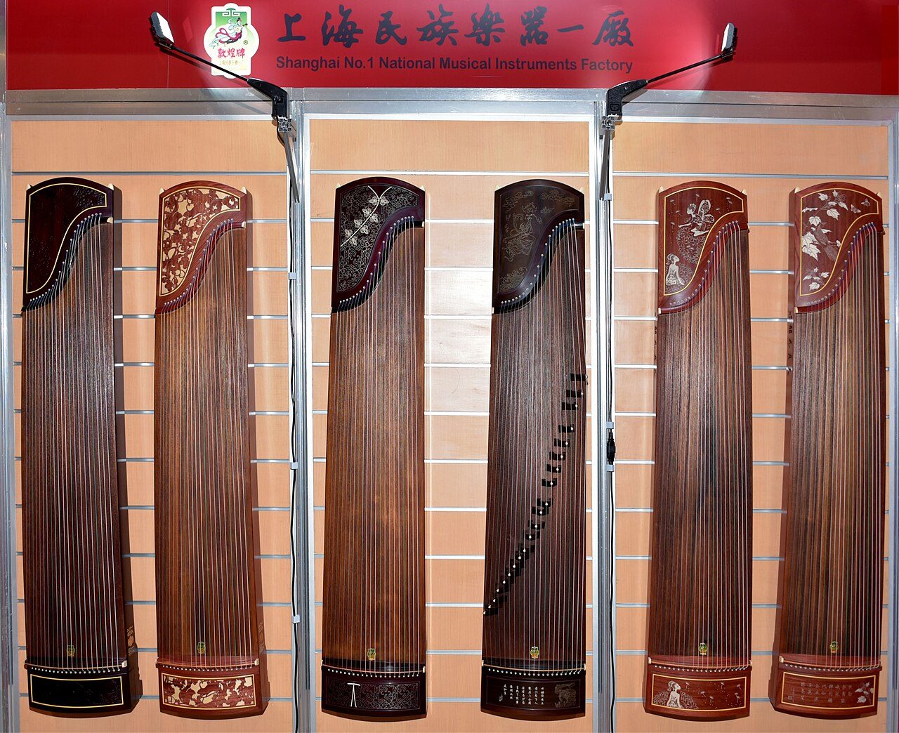 Guzhengs made by Shanghai No.1 National Musical Instruments Factory on display at 'The NAMM Show' on January 17, 2020 in Anaheim, California.