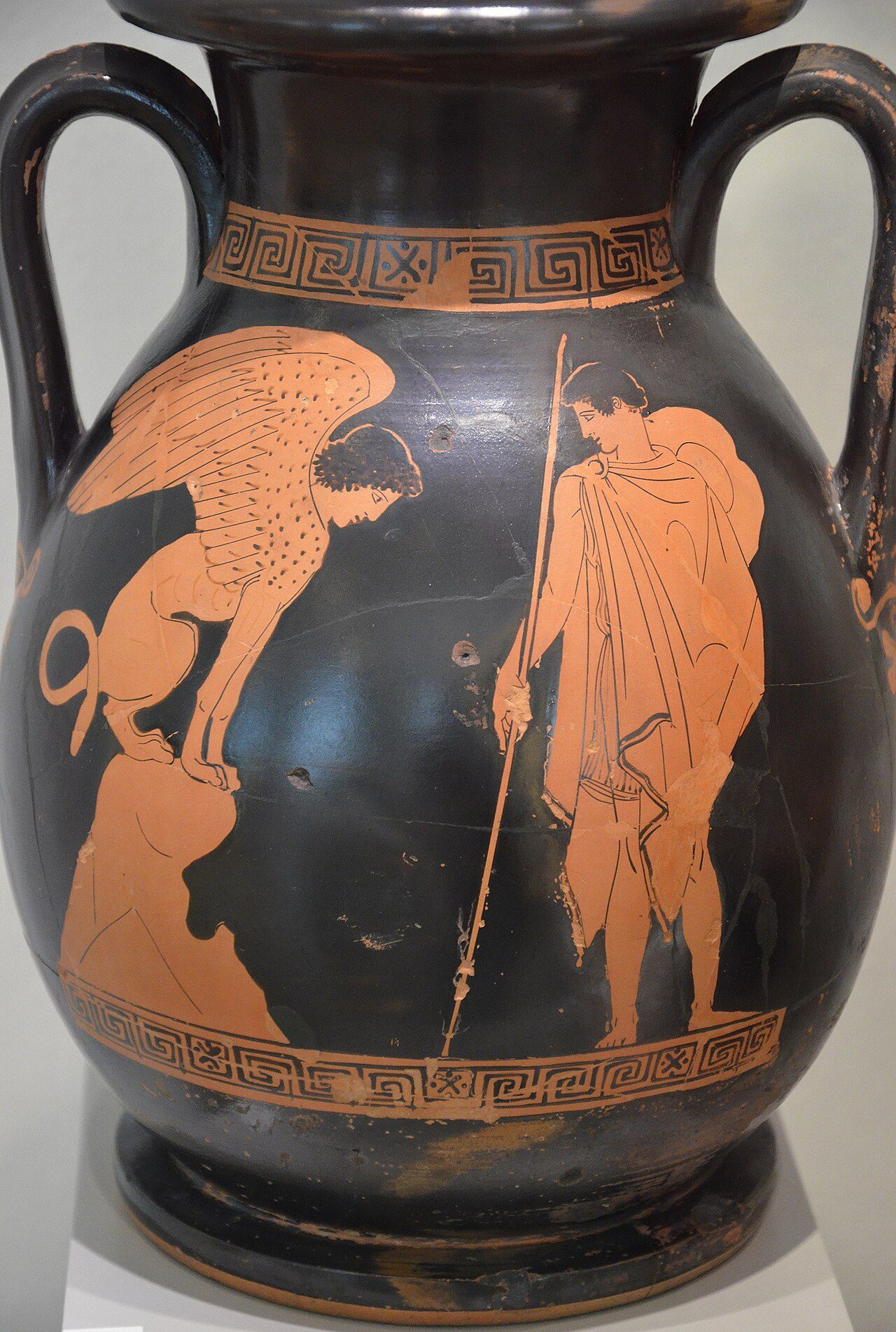 Attic red-figure pelike, Oedipus solves the riddle of the Sphinx and frees Thebes, by the Achilleus painter, 450-440 BC, Altes Museum Berlin