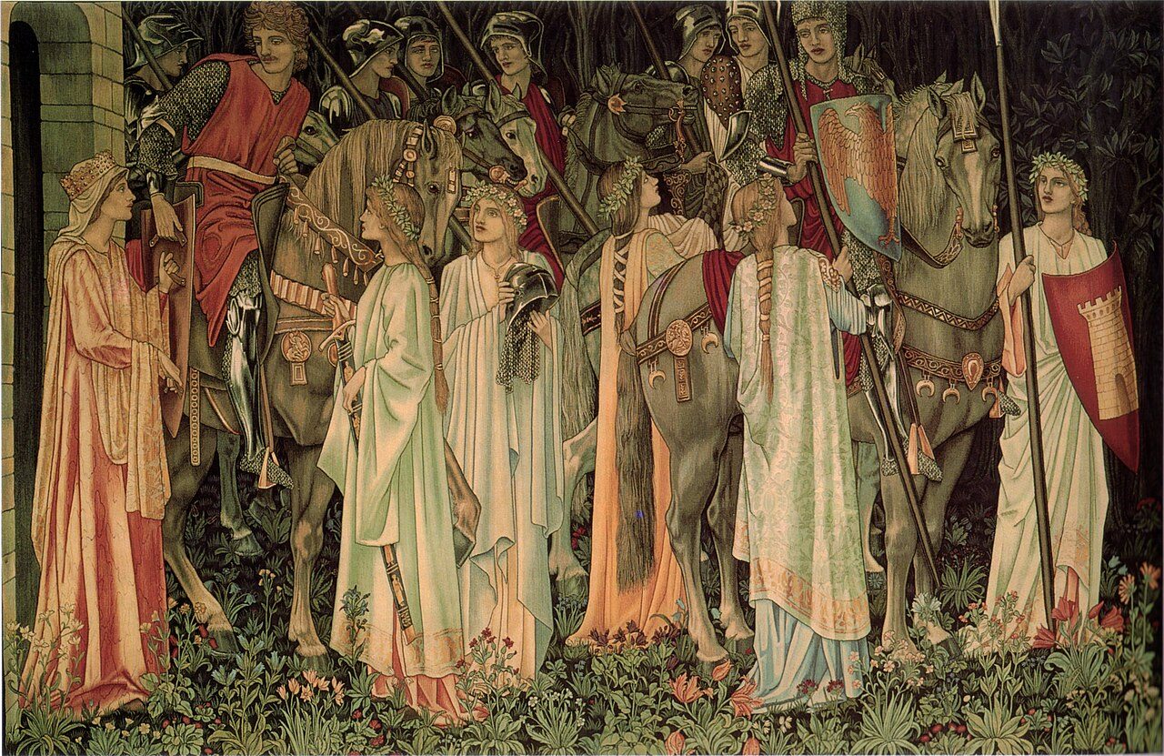 The Arming and Departure of the Knights . Number 2 of the Holy Grail tapestries woven by Morris & Co. 1891-94 for Stanmore Hall. This version woven by Morris & Co. for Lawrence Hodson of Compton Hall 1895-96. Wool and silk on cotton warp. Birmingham Museum and Art Gallery.