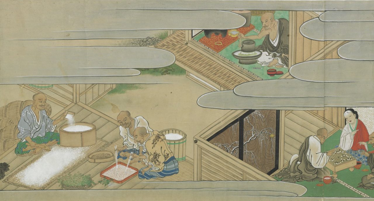 Scène 1 : tri du riz et préparation du thé pour le banquet à venir