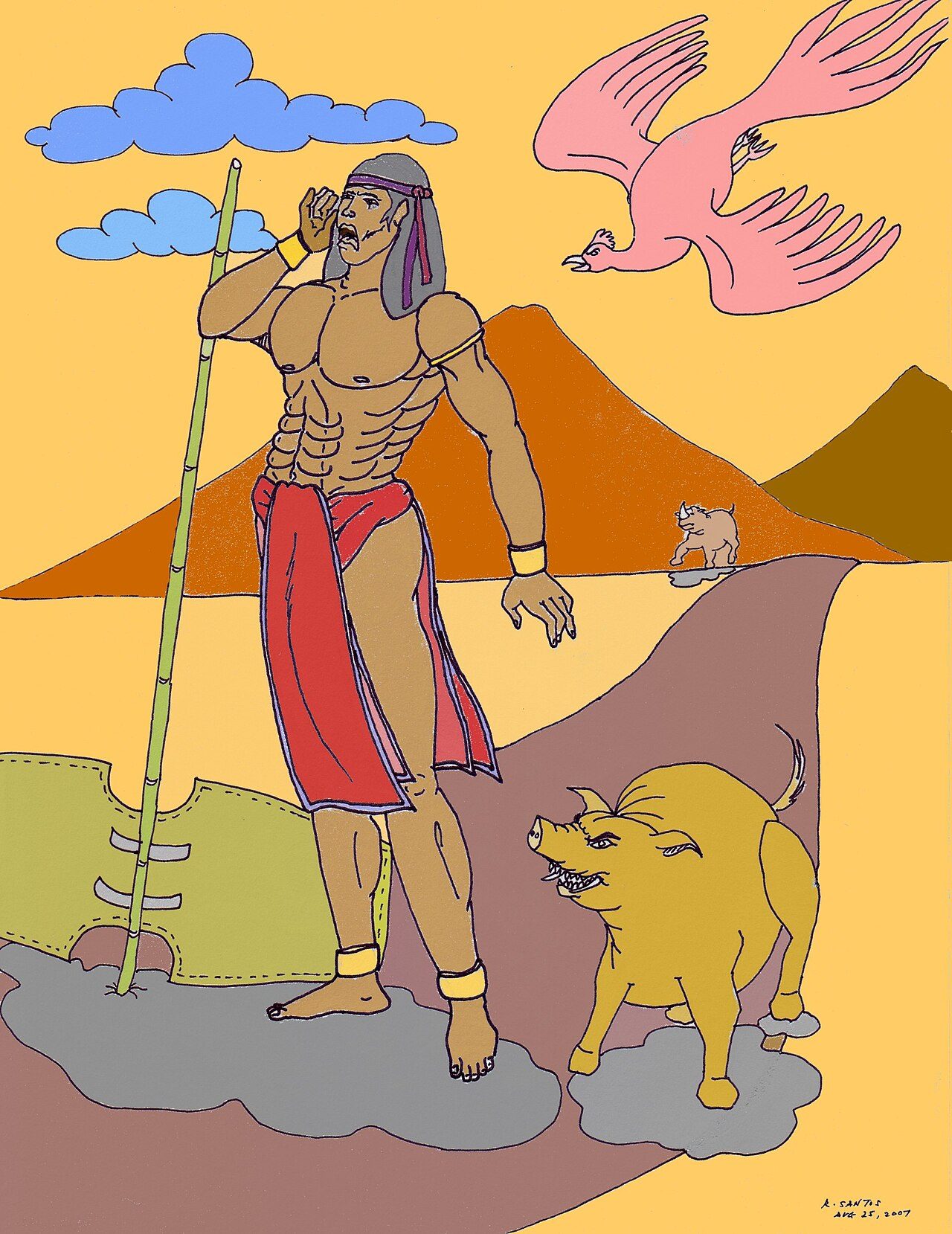 Lam-Ang, Philippine folklore hero, summoning animals as aide for an upcoming battle.