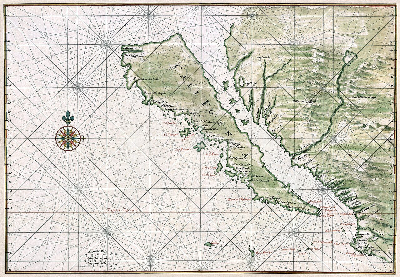Map of California as an island. Ink and watercolor with pictorial relief.