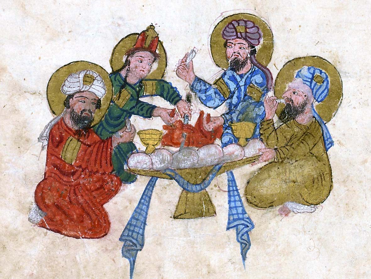 dessin de repas dans les Maqâmât d'Aboû Moḥammad al-Qâsim ibn ʿAlî al-Ḥarîrî. bnf arabe 3929