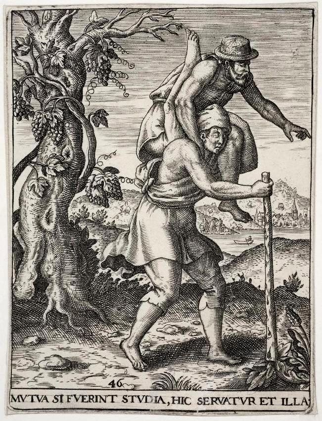 The 46th emblem from Johann Theodor de Bry's Emblemata saecularia (1596), combining images of both the Blind Man and the Lame and the Elm and the Vine, with the theme of mutual support