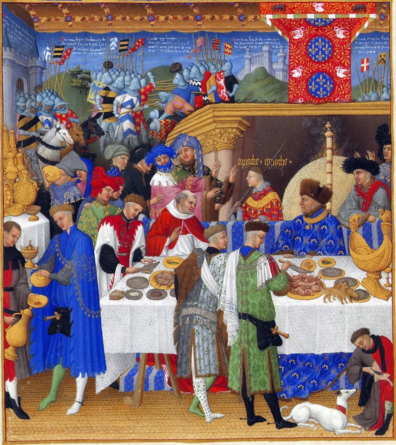 Le duc de Berry, assis en bas à droite, dos au feu, est habillé de bleu et coiffé d'un bonnet de fourrure. Il invite ses gens et ses proches à se présenter à lui. Derrière lui figure l'inscription « Approche Approche ». Plusieurs familiers du duc s'approchent de lui pendant que…