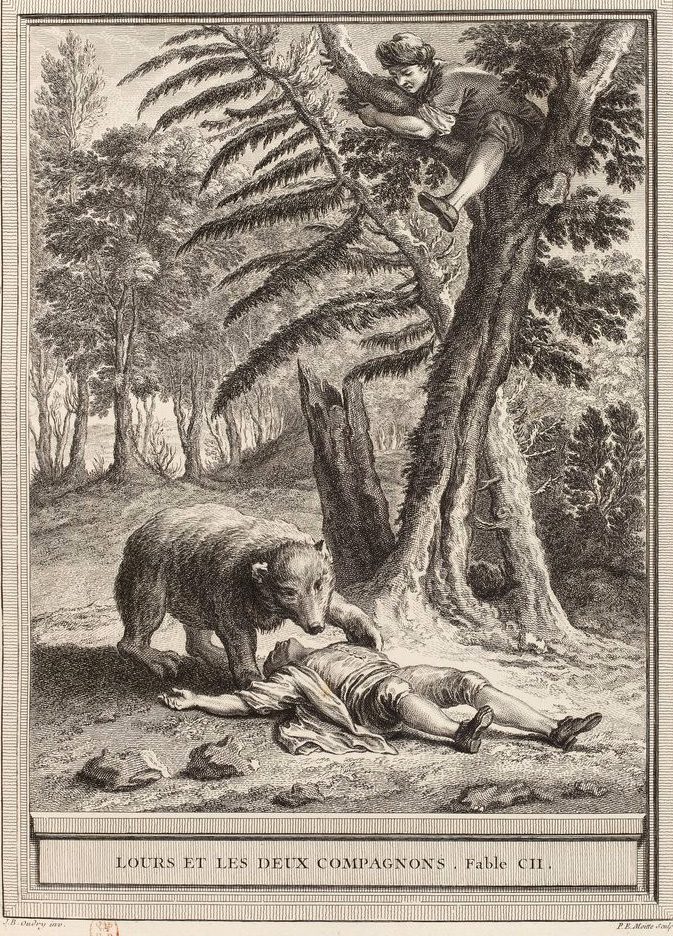 Gravure réalisée par Pierre Etienne Moitte d'après un dessin de Jean-Baptiste Oudry représentant la fable L'ours et les deux compagnons de Jean de La Fontaine (fable 20 du livre V). Cette gravure est parue dans l'édition complète des fables de La Fontaine, parue en quatre tomes…