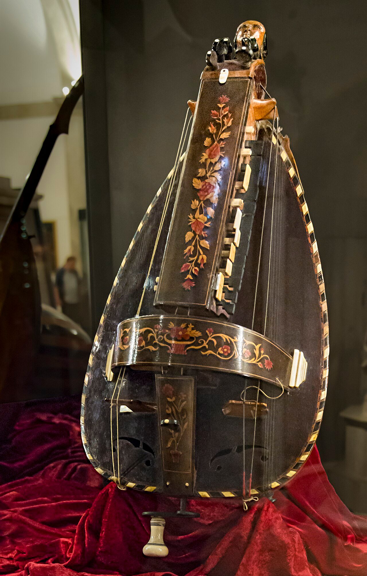 Church San Maurizio today Museo della musica in Venice. Hurdy-gurdy French school 1850 - stringed instrument that produces sound by a hand crank-turned, rosined wheel rubbing against the strings.