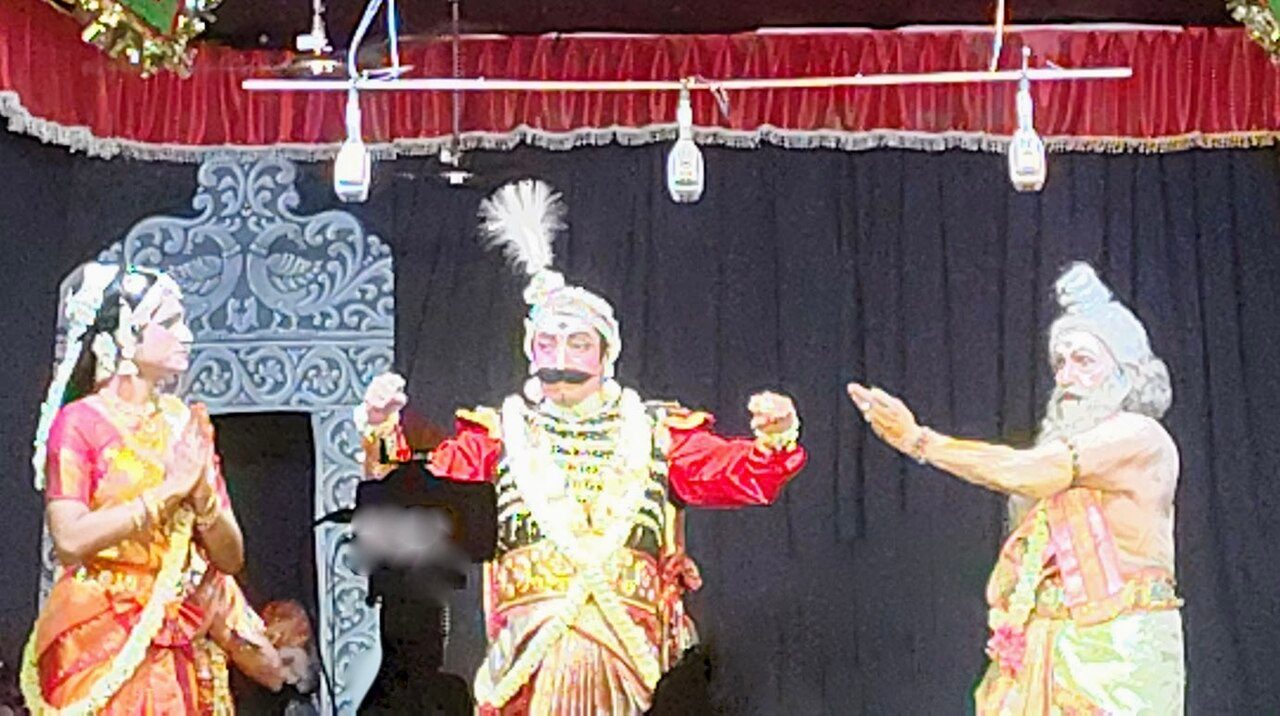 Artistes performing at the Bhagavata Mela Natakam on 'Prahalada Charitam' at Melattur, Tanjore.
