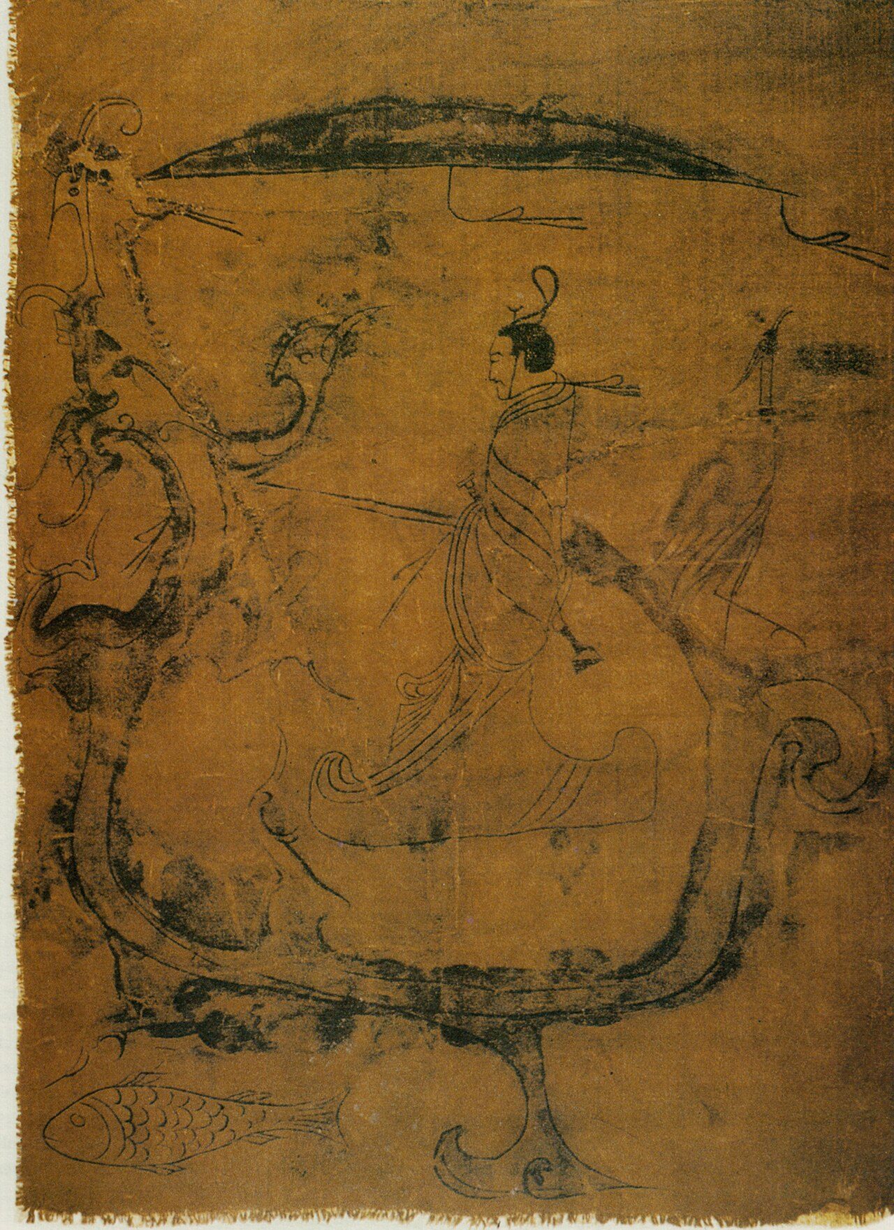 Silk painting featuring a man (a wizard) asking a dragon to go to the sky , dated to 5th century BCE ( Warring States period ). Describe a wizard, asking with a rope to a dragon to go up in the sky, meaning a peacefull year, as it should do one time a year. This finework is in…
