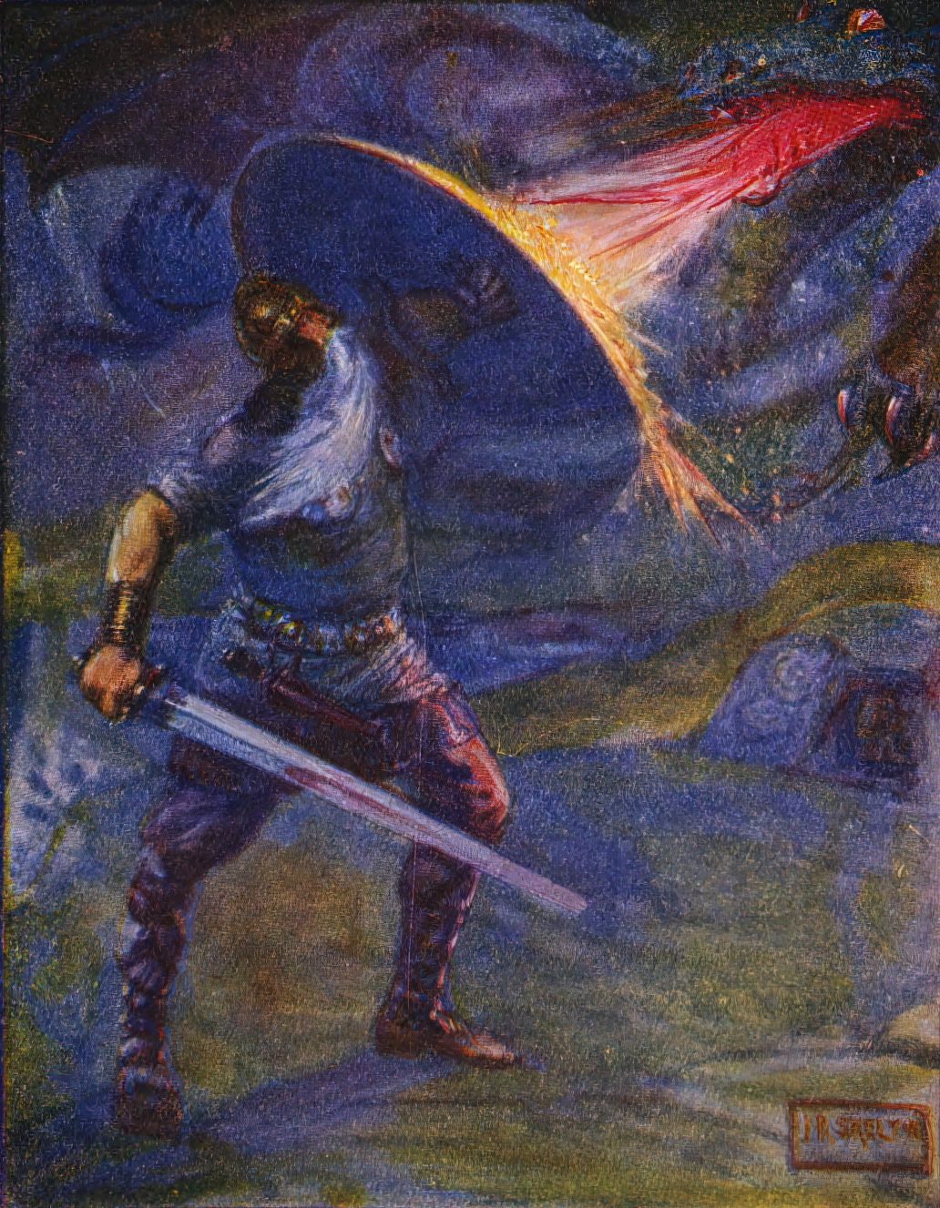 An illustration of Beowulf fighting the dragon that appears at the end of the epic poem.