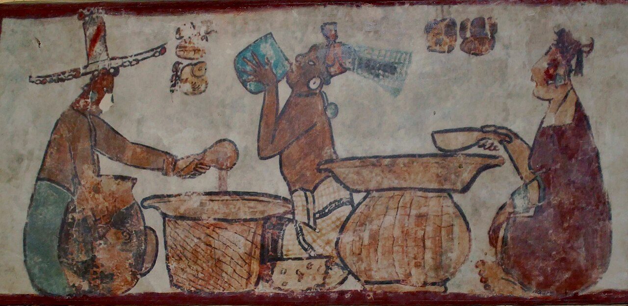 Reproduction of Mural from Structure I, depicting a prehispanic ceremony of maize brew being served. Calakmul Museum, Calakmul Archeological Zone, Campeche, MEXICO